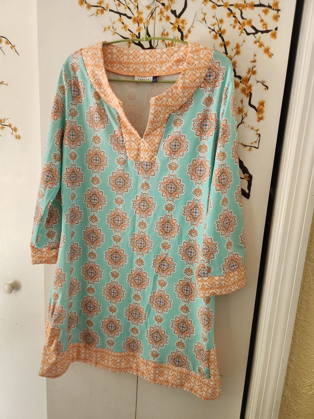 Cabana Life Mint and Peach Printed V-Neck Tunic